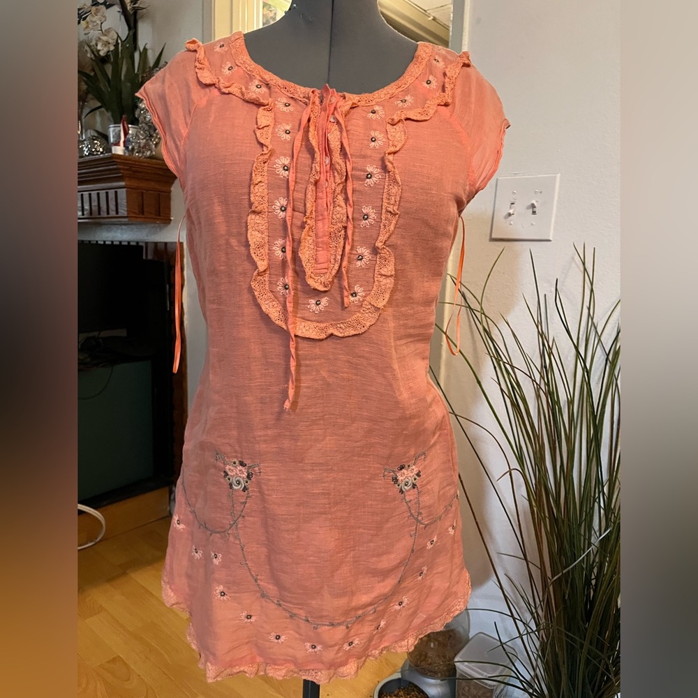 Free People Peach Embroidered Mini Dress